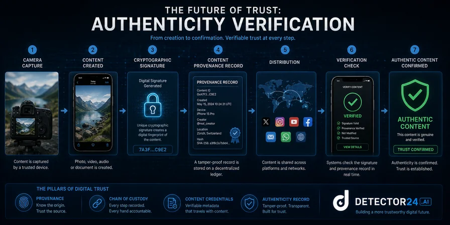 Workflow infographic showing the future authenticity verification process, including content creation, cryptographic signatures, provenance records, chain of custody tracking, verification checks, and confirmed authentic content.