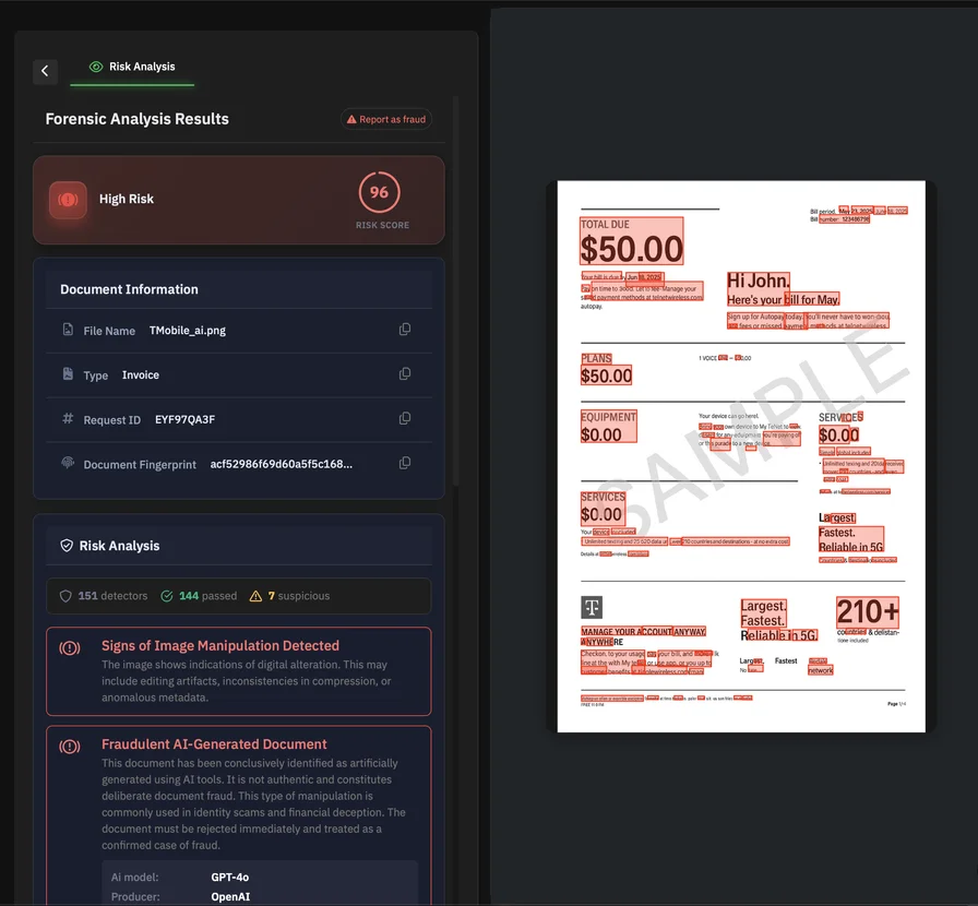 The UI of our Document Fraud Detector, After Analysing a Potentially Fraudulent Document