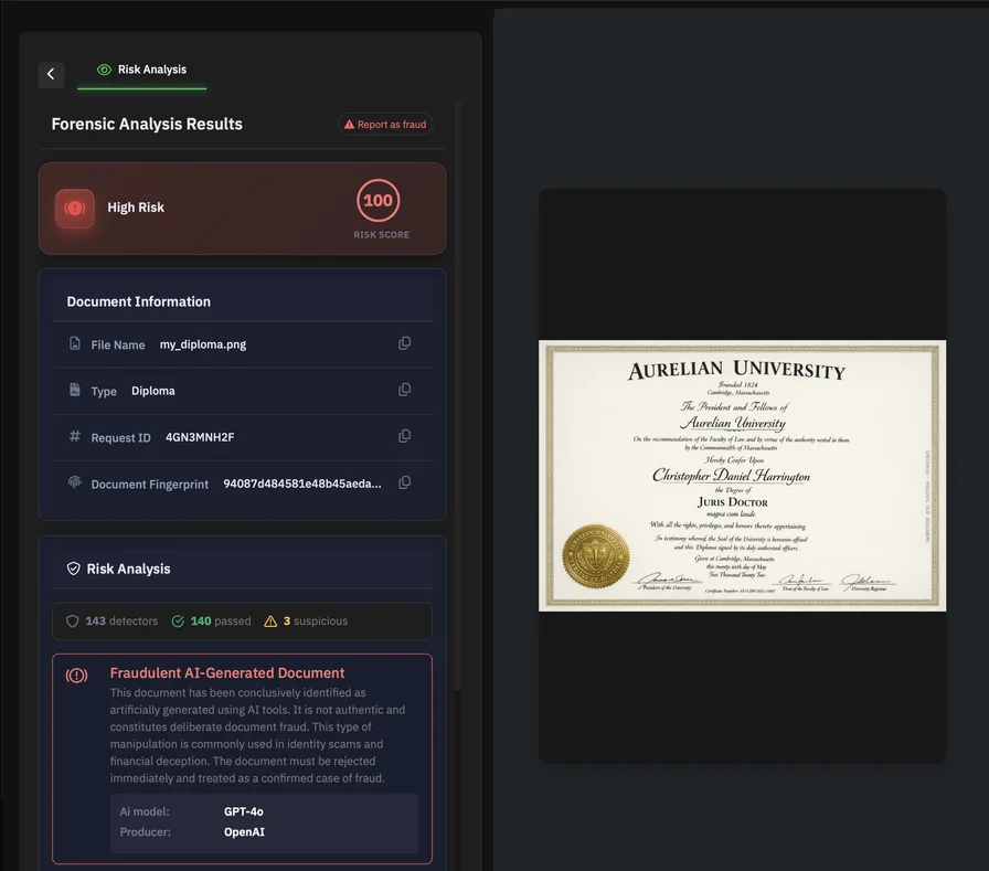 The UI of Bynns Document Forensic Analyst.