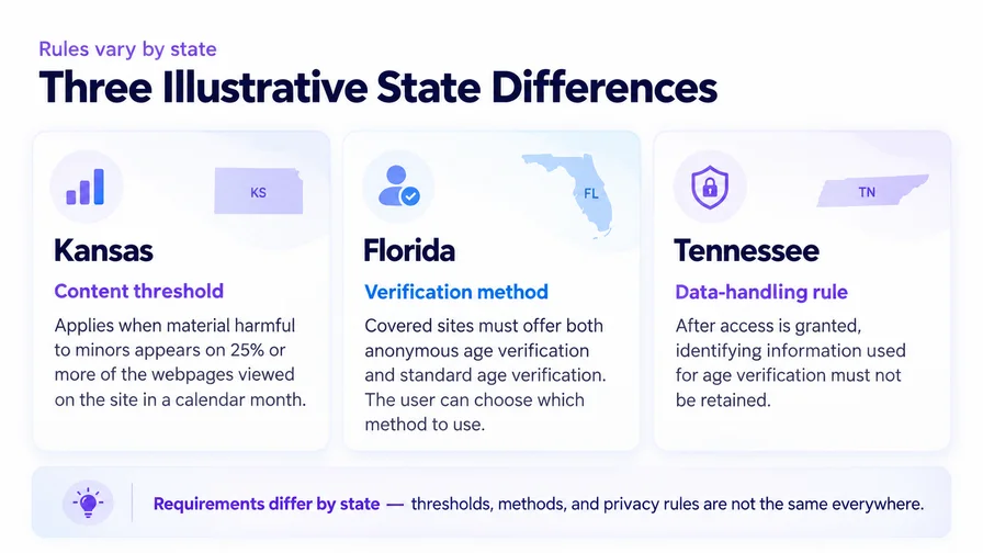 Infographic comparing age verification requirements in Kansas, Florida, and Tennessee, including content thresholds, verification methods, and data-handling rules.