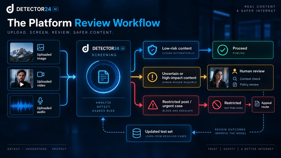 Detector24 workflow showing automated deepfake screening, human review, content restriction, appeals, and feedback testing.