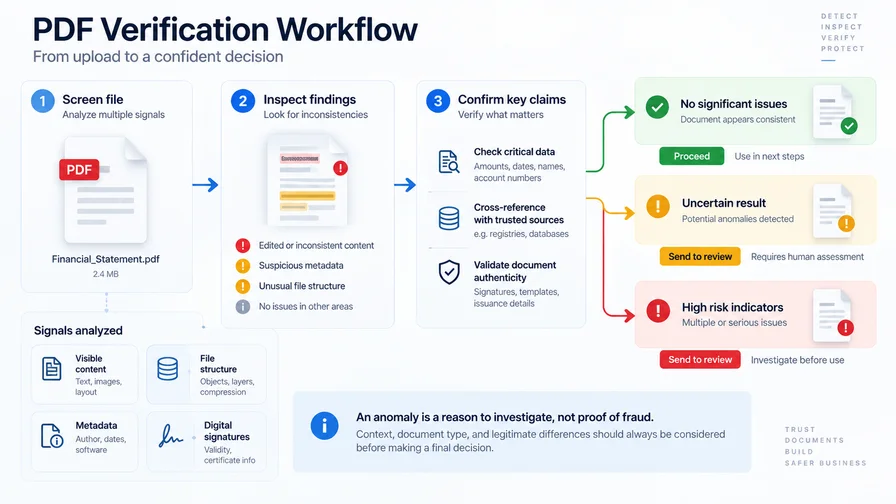 PDF verification workflow showing file screening, inspection of anomalies, confirmation of key claims, and human review for uncertain results.