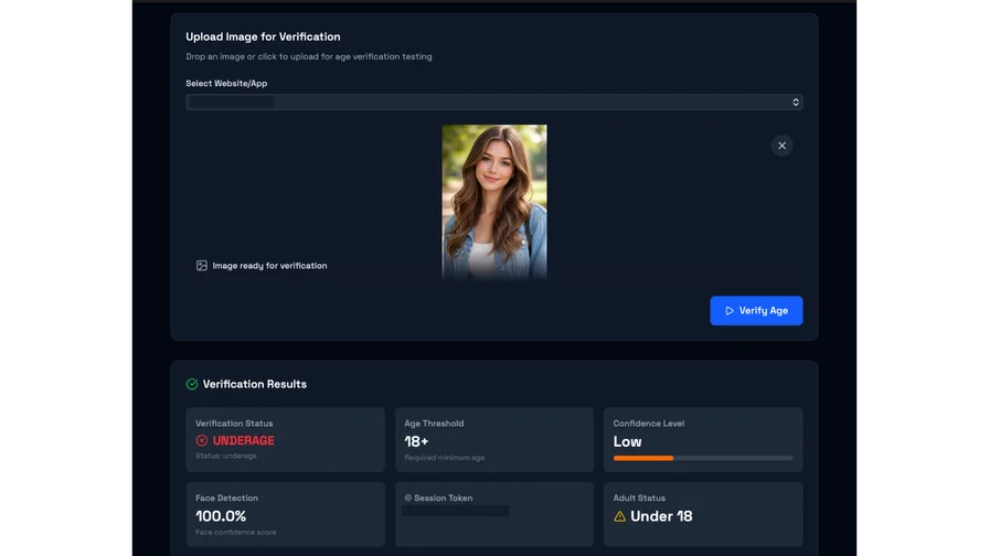 The UI of Agemins age estimation, when testing the system with a suspect picture.