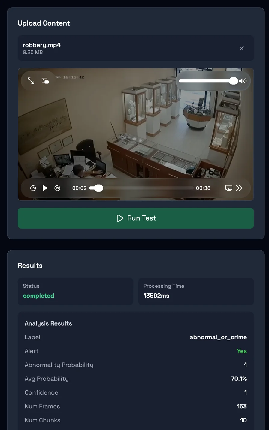 The UI of Detector24s Video Moderation Tool. Showing an example of Detector24s AI analysing CCTV of a robbery.