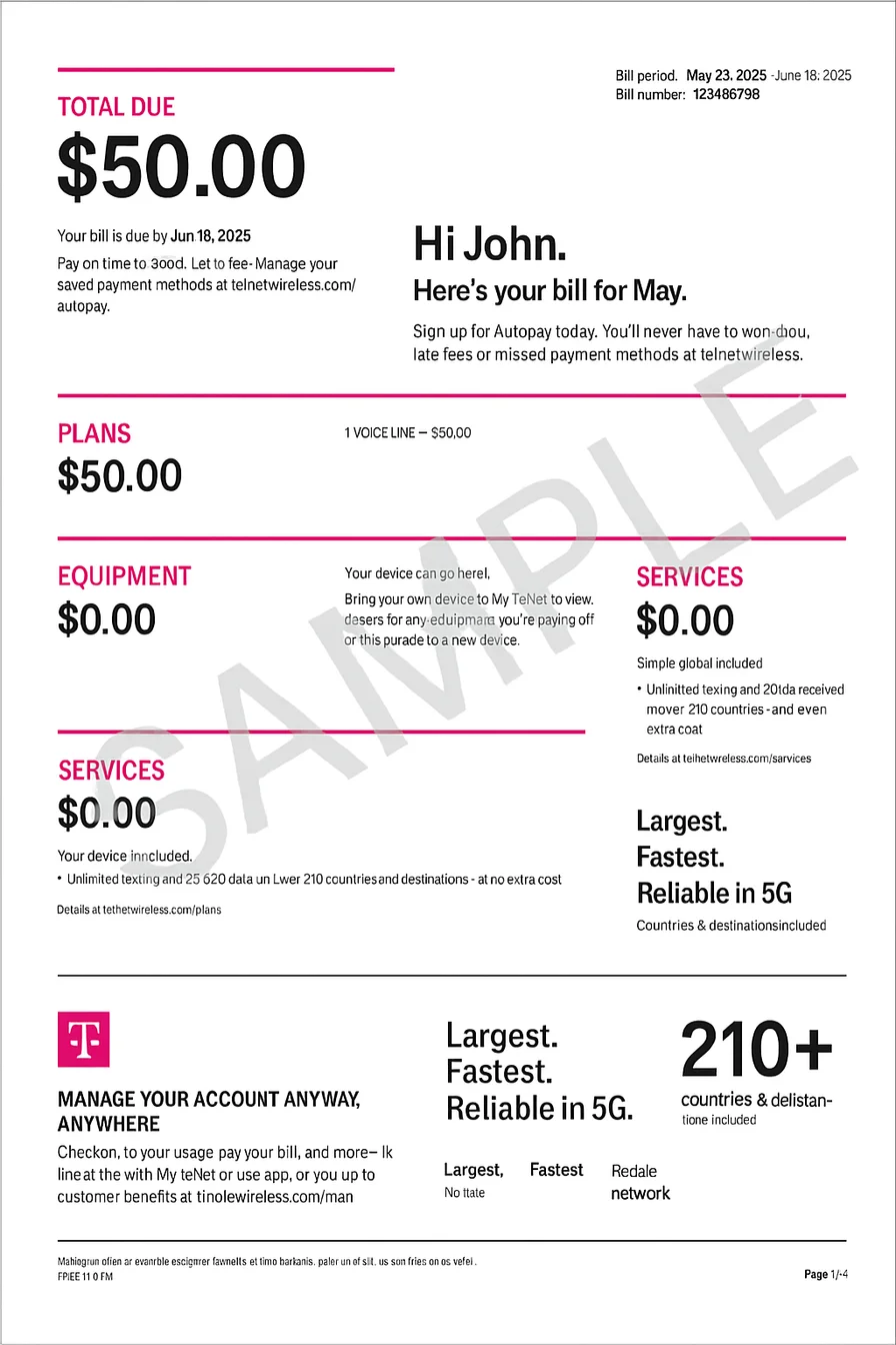 An example of a fraudulent T-Mobile Bill, Made by AI.