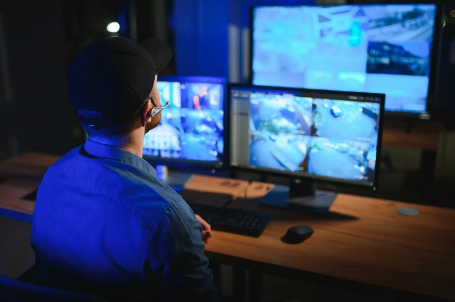 A security officer manually reviewing and analysing CCTV.