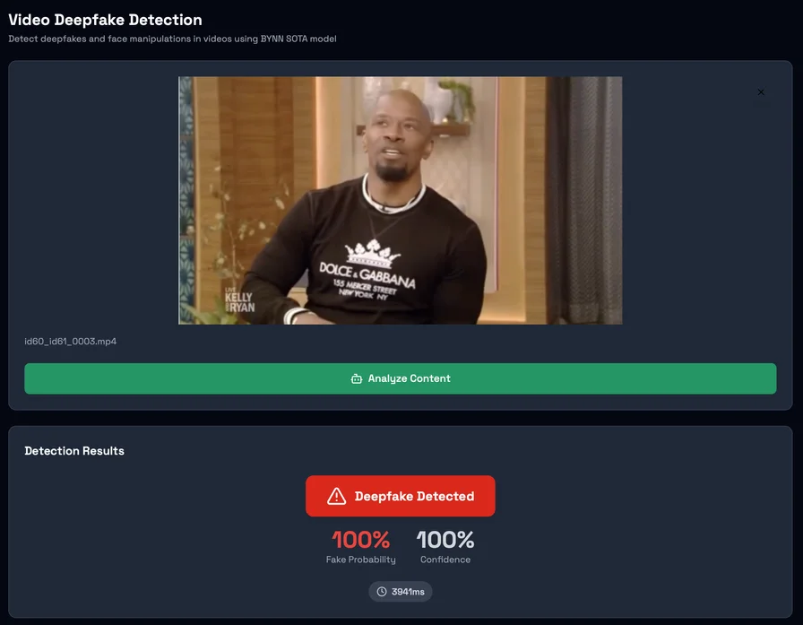 The UI of how it looks when analysing a potential deepfaked video with Detector24.
