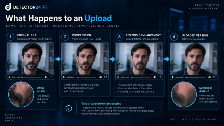 Deepfake video showing how compression, resizing, and platform processing can reduce visible detection clues.